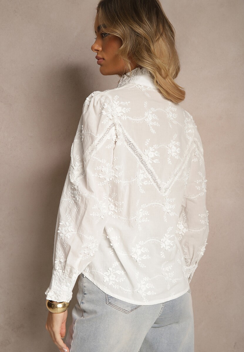Biała Rustykalna Koszula z Bawełny Zdobiona Aplikacją z Kwiatami Lanianis