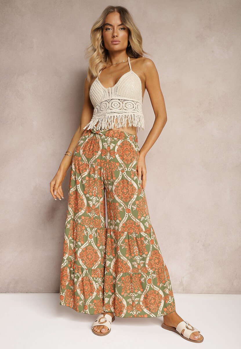 Zielono-Pomarańczowe Spodnie z Wiskozy z Szerokimi Nogawkami High Waist Wykończone Gumką w Talii Risettasmi