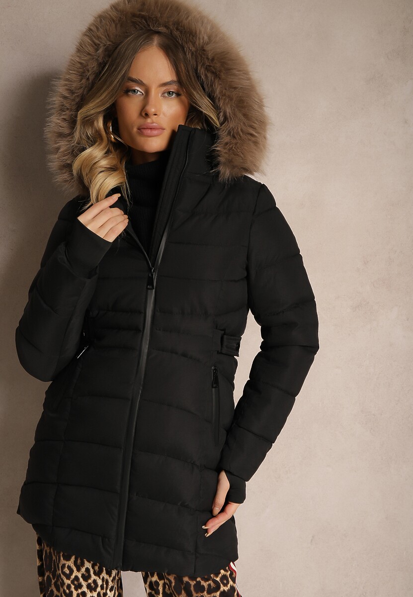 Czarno-Brązowa Pikowana Kurtka z Podszewką z Polarem i Kapturem z Futrzanym Obszyciem Eventina