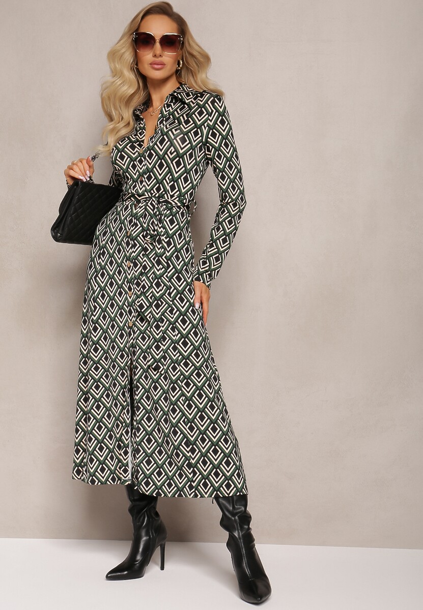 Zielona Koszulowa Sukienka Maxi w Geometryczny Wzór z Paskiem Oniufe