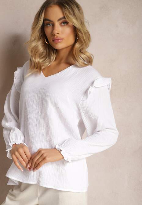Biała Bawełniana Bluzka z Trójkątnym Dekoltem i Ozdobną Falbanką Redsta