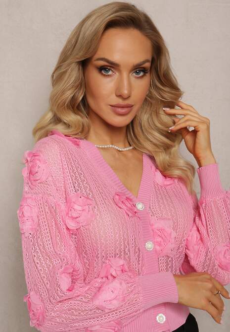 Różowy Kardigan z Ażurowym Zdobieniem w Kwiaty Barimona