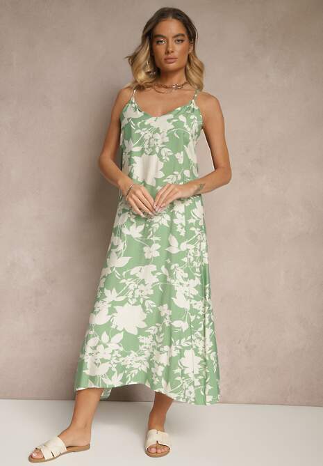 Zielono-Kremowa Sukienka z Wiskozą o Rozkloszowanym Kroju w Kwiaty Thirimi