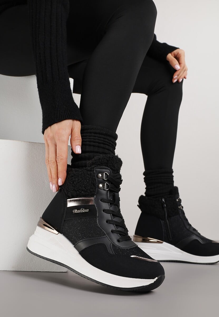 Czarne Sneakersy na Koturnie z Wysoką Cholewką Ozdobione Brokatem Sinthera