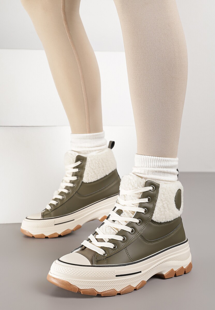 Zielone Traperki w Stylu Trampek na Grubej Podeszwie Ozdobione Futerkiem Miatheae