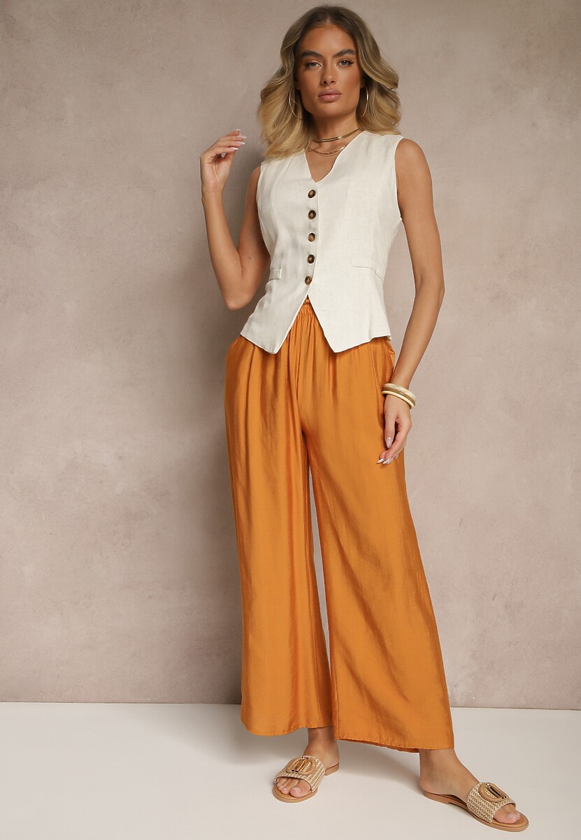 Pomarańczowe  Spodnie z Wiskozy High Waist o Szerokim Kroju Divlise