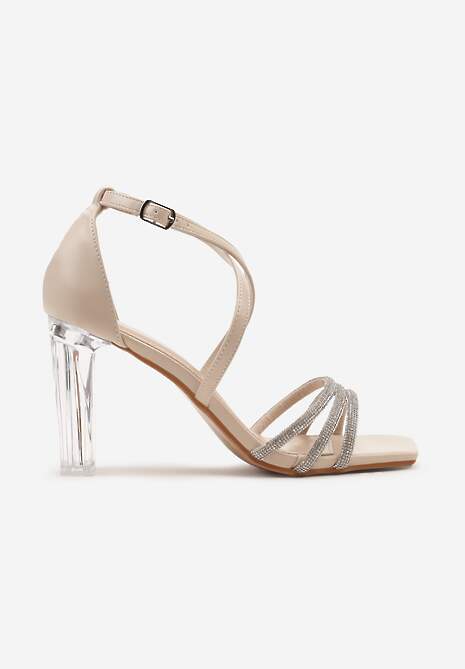 Beżowe Sandały na Transparentnym Słupku z Cyrkoniami Zapinane przy Kostce Tesaie