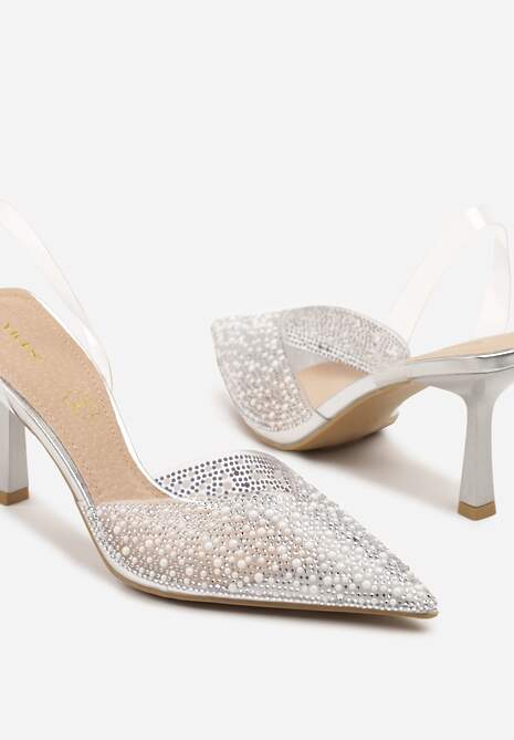 Srebrne Sandały Vices na Szpilce Slingback ze Skórzaną Wkładką i Cyrkoniami Ovifa