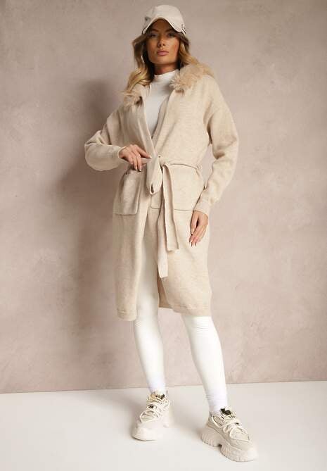 Beżowy Kardigan z Wełną Wiązany w Pasie z Kapturem z Odpinanym Futerkiem Besiyana