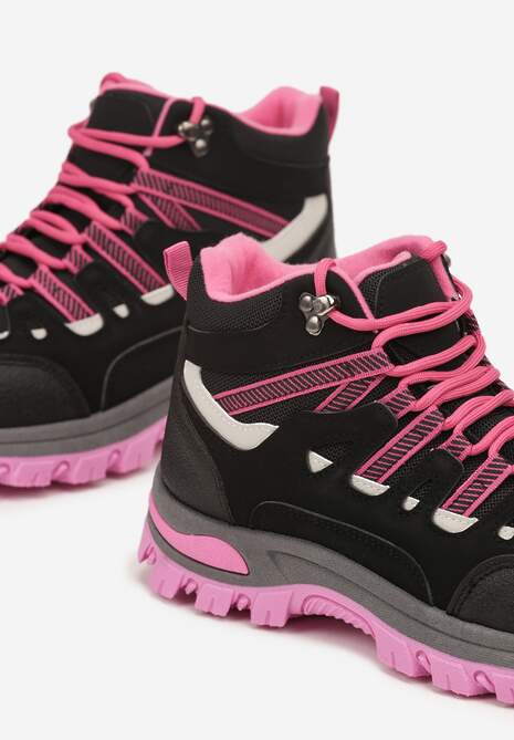 Czarno-Fuksjowe Buty Trekkingowe Traperki Vices ze Sznurowaną Cholewką Afellie