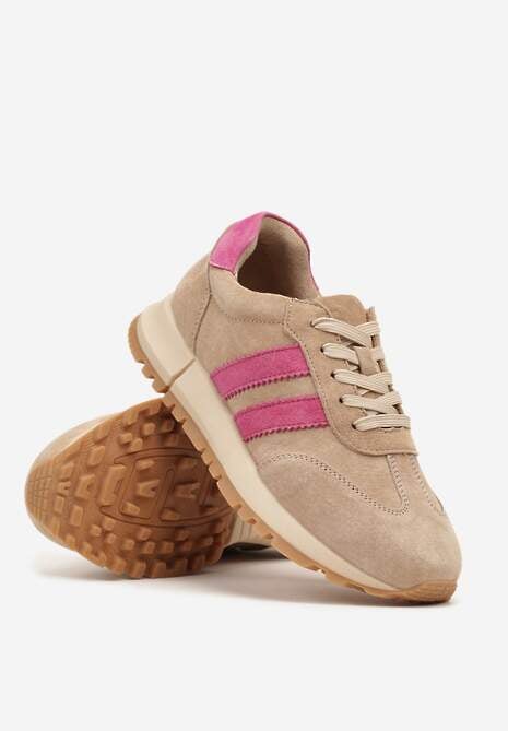 Beżowo-Fuksjowe Sneakersy ze Skóry Naturalnej z Paskami Kiarre
