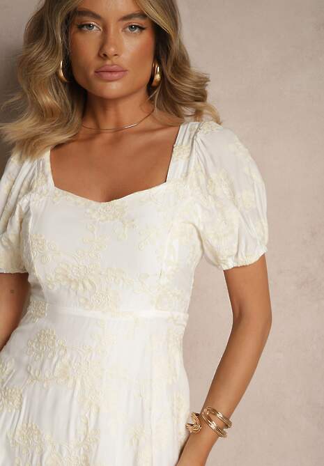 Biała Sukienka w Kwiaty z Bufiastymi Rękawami Deviriel