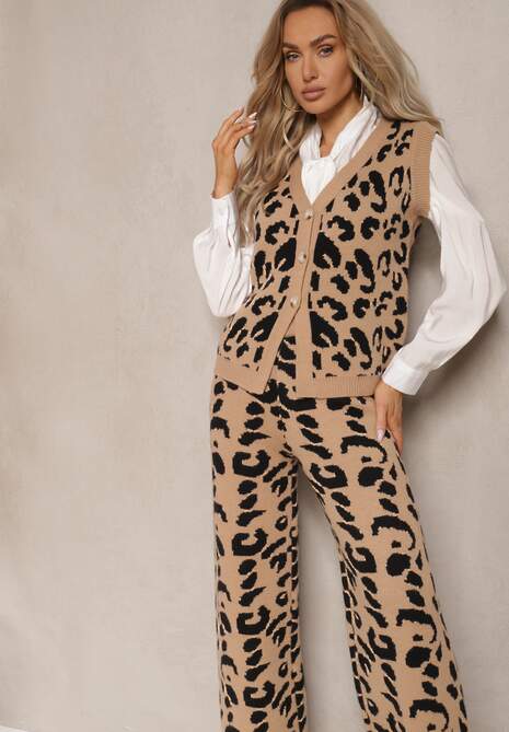 Beżowo-Czarny Komplet w Cętki z Dzianiny z Wiskozą Kamizelka na Guziki i Szerokie Spodnie Elttia