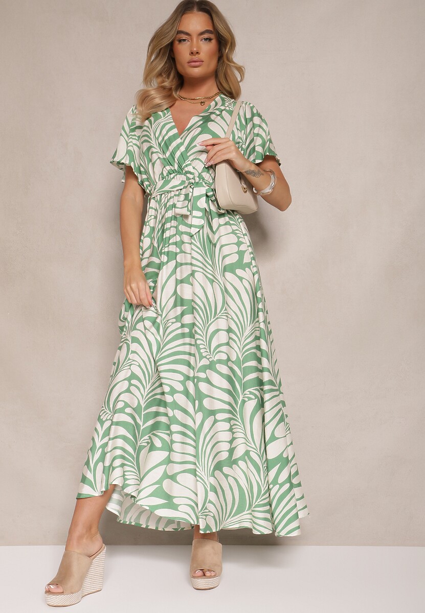 Zielona Kopertowa Sukienka z Wiskozy Zdobiona Printem z Motywem Roślinnym Dinea
