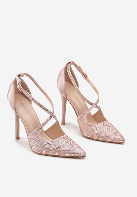 Beżowe Szpilki z Połyskiem Zapinane na Sprzączkę z Satynową Cholewką Lotina