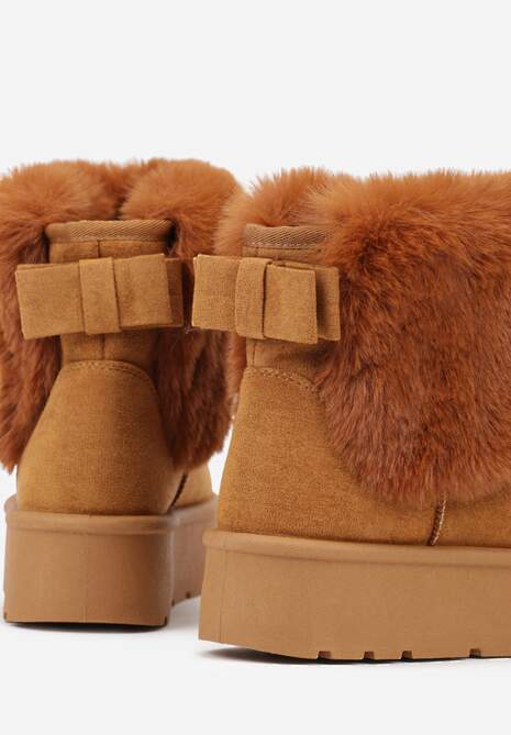 Jasnobrązowe Śniegowce z Cholewką za Kostkę Ocieplane z Futerkiem i Małą Kokardą Reinedia