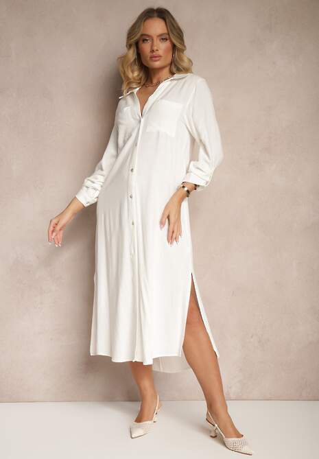 Biała Sukienka Koszulowa z Wiskozą Lnem i Regulacją przy Rękawach Florvezia