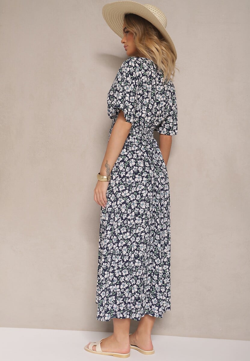 Granatowa Sukienka Rozkloszowana o Kopertowym Kroju w Kwiatowy Print Borriz