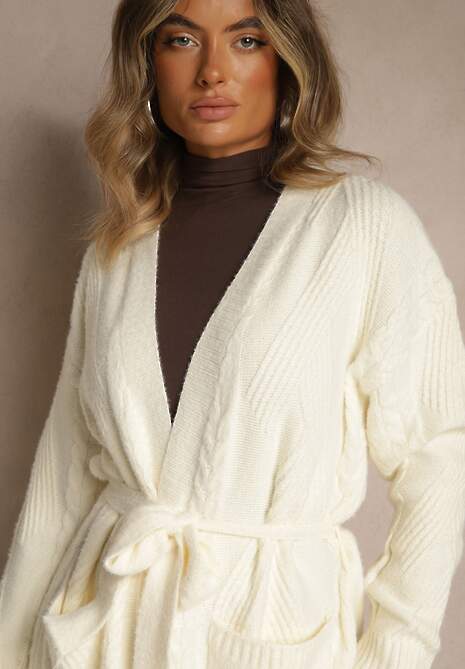 Jasnobeżowy Tłoczony Kardigan z Wełną o Kroju Bez Zapięć z Paskiem Dorrive