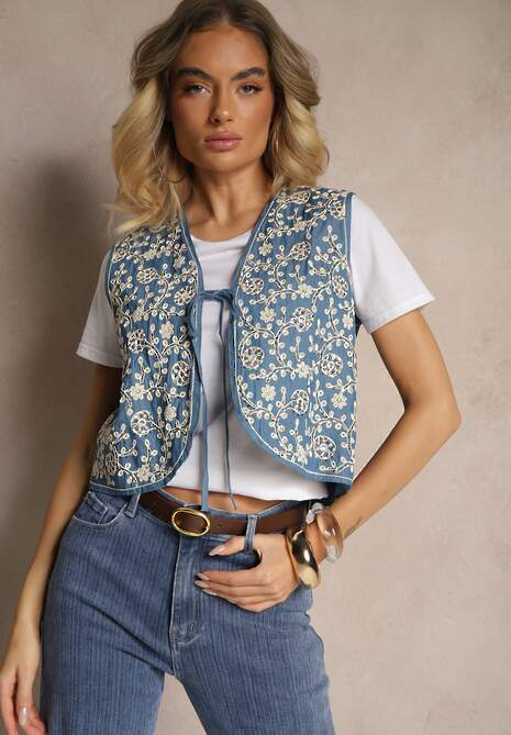 Niebieska Wiązana Kamizelka z Bawełny Zdobiona Haftem z Kwiatowym Motywem Lisavirae