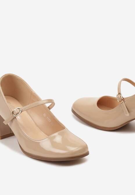Beżowe Lakierowane Czółenka na obcasie z Ozdobnym Cienkim Paskiem Noobeta