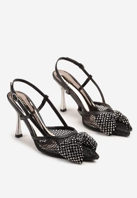 Czarne Sandały Siateczkowe Vices na Szpilce Zdobione Kokardą i Cekinami Reandra
