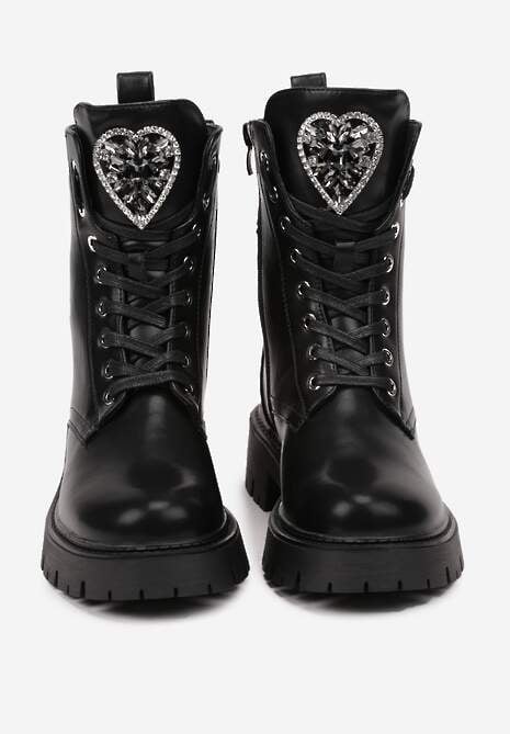 Czarne Botki Workery na Tłoczonej Platformie z Aplikacją z Cyrkoniami Ravithria