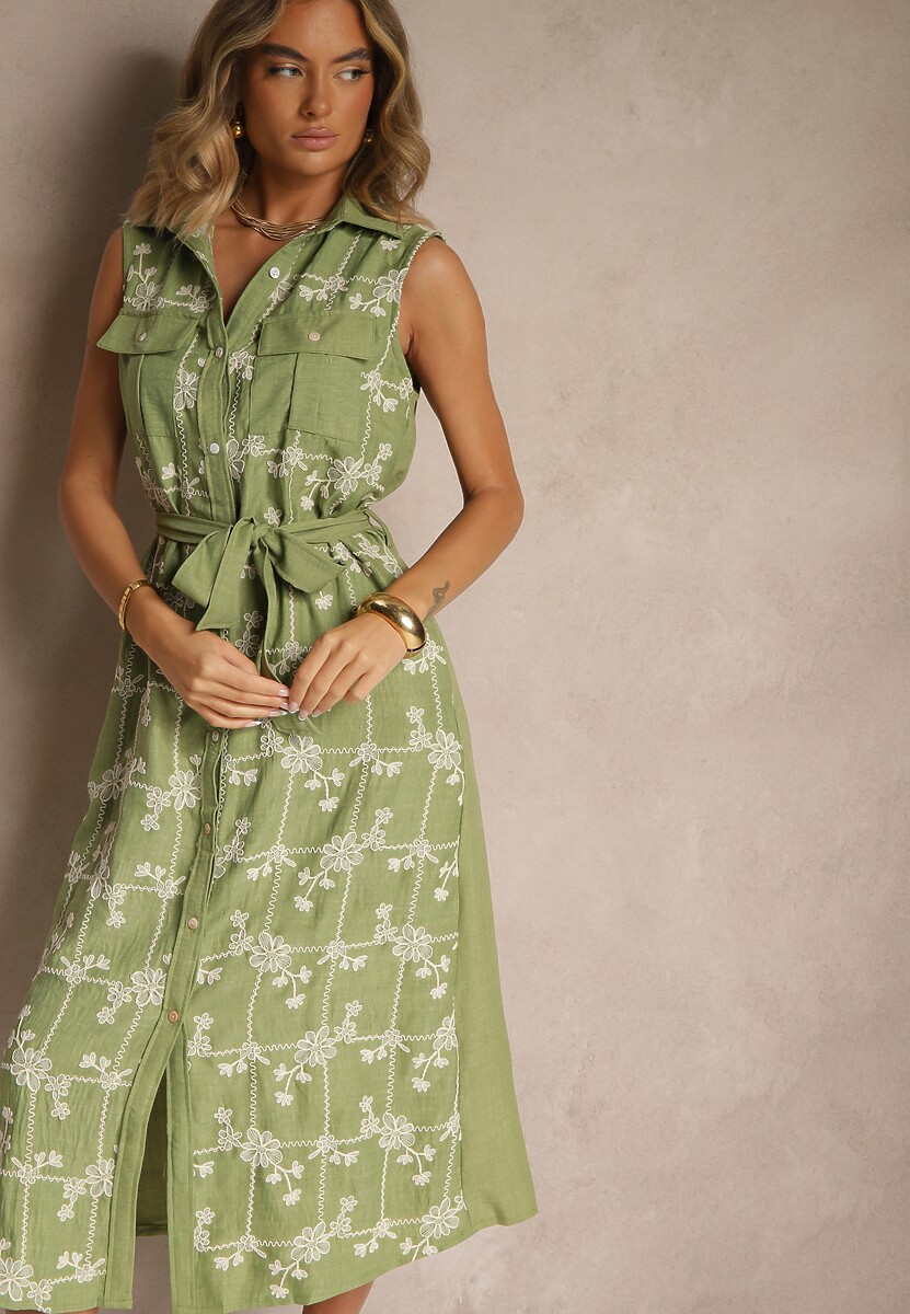 Zielona Sukienka Koszulowa z Wiązanym Paskiem i Haftowanym Zdobieniem Malenea