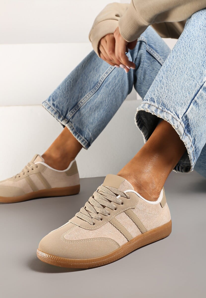 Ciemnobeżowe Casualowe Sneakersy z Ekozamszu na Płaskiej Podeszwie Pemeriana