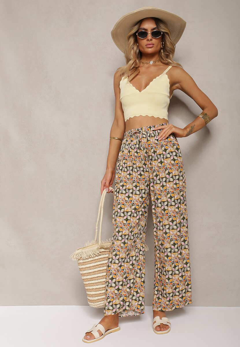 Zielono-Różowe Wiskozowe Spodnie High Waist Szerokie z Gumką w Pasie i Kieszeniami Aizha