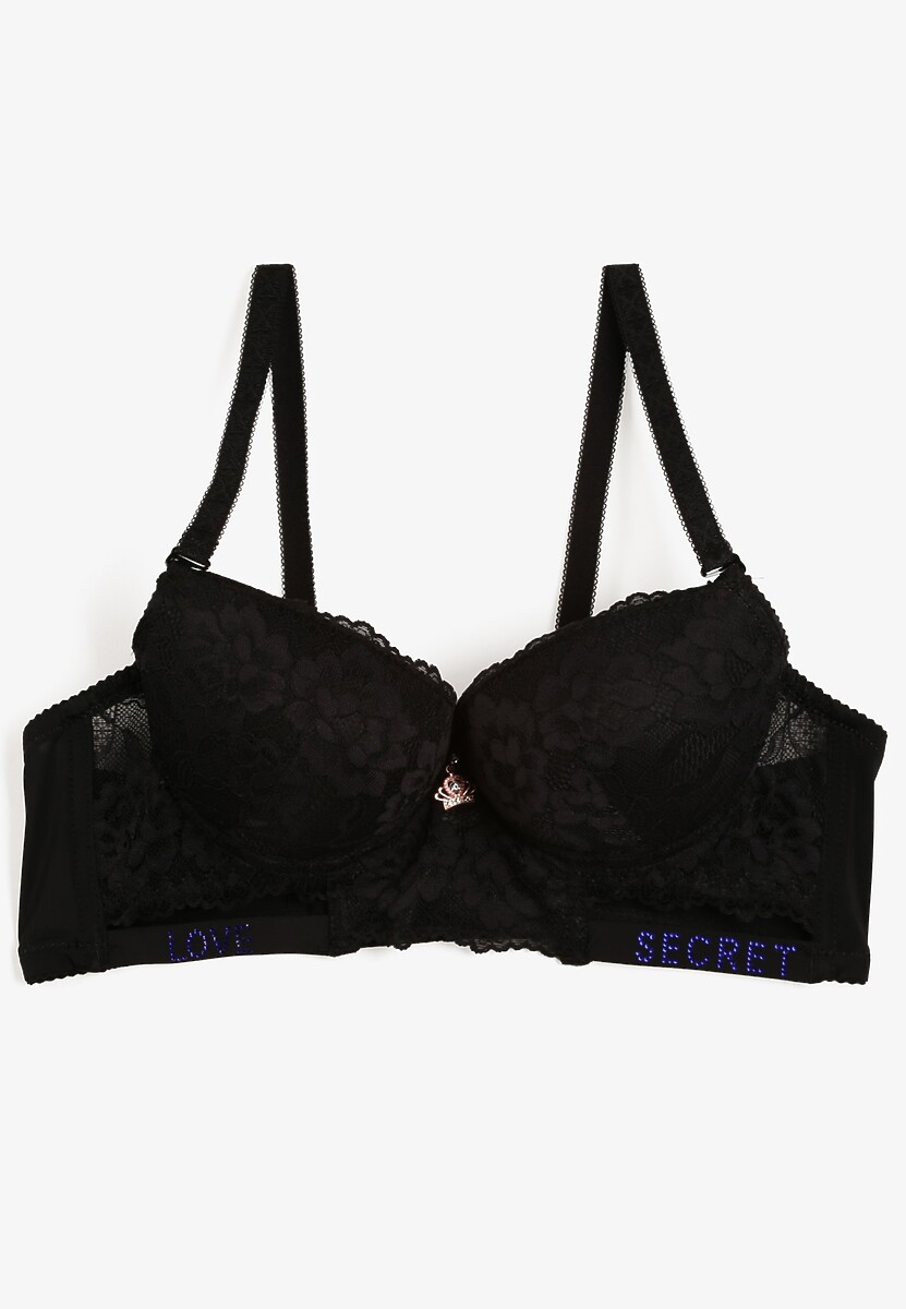 Czarny Biustonosz Push-Up Ozdobiony Koronką i Napisami z Cekinami Elisei
