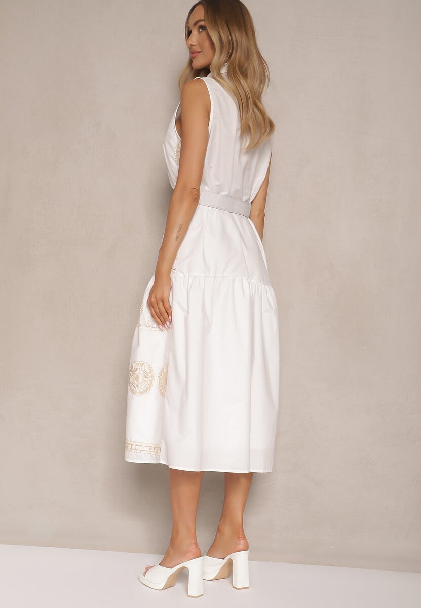 Biała Sukienka o Koszulowym Kroju z Paskiem Zdobiona Haftem Talliera