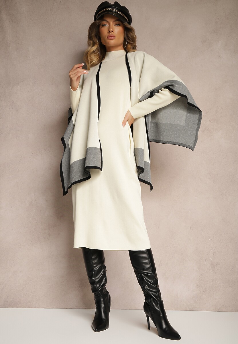 Beżowy Komplet z Dzianiny z Wiskozy Sukienka i Narzutka Ilandriel