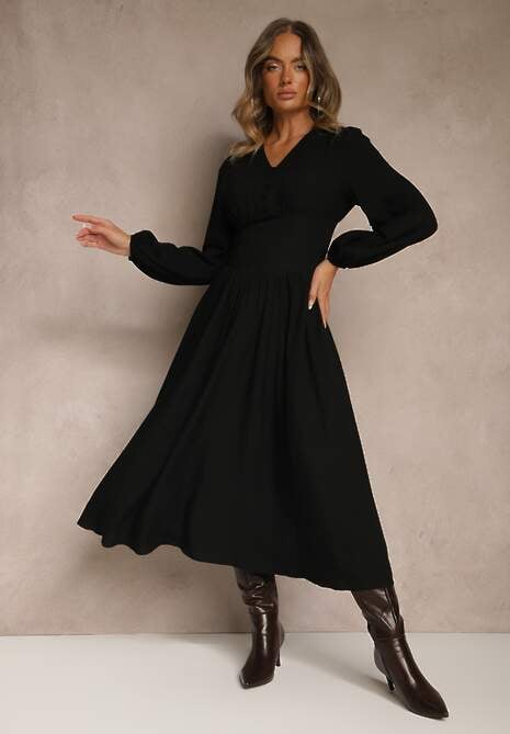 Czarna Gorsetowa Sukienka z Wiskozą z Guzikami i Bufiastymi Rękawami Ahlite