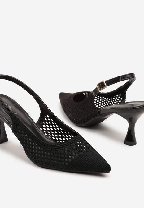 Czarne Sandały Slingback na Klepsydrze z Szydełkową Cholewką i Noskiem w Szpic Mairita