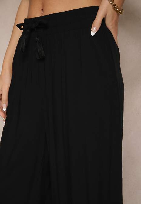 Czarne Szerokie Spodnie z Wiskozy ze Sznurkiem Natisetia