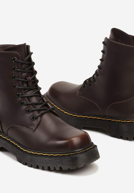 Brązowe Sznurowane Ocieplone Botki na Platformie w Stylu Workerów Crecca