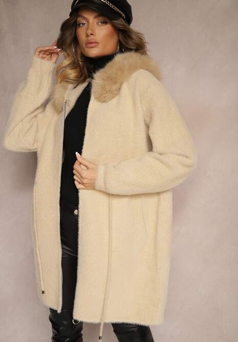 Beżowy Długi Płaszcz ze Ściągaczem w Pasie Zdobiony Futrem Delithriel