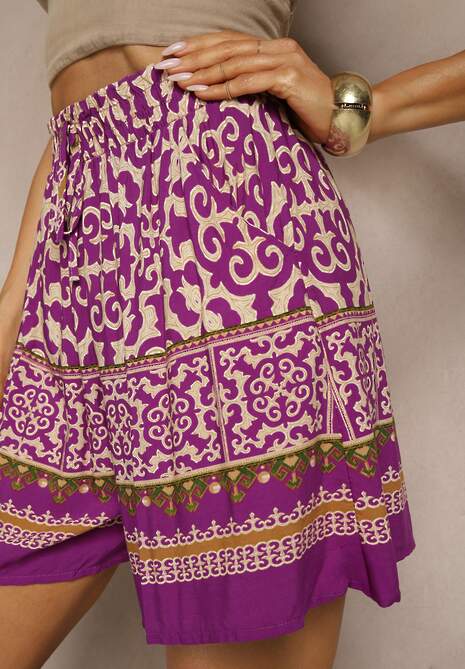 Fioletowe Szorty Bermudy z Bawełny z Gumką w Pasie w Ornamentalny Print Volienne