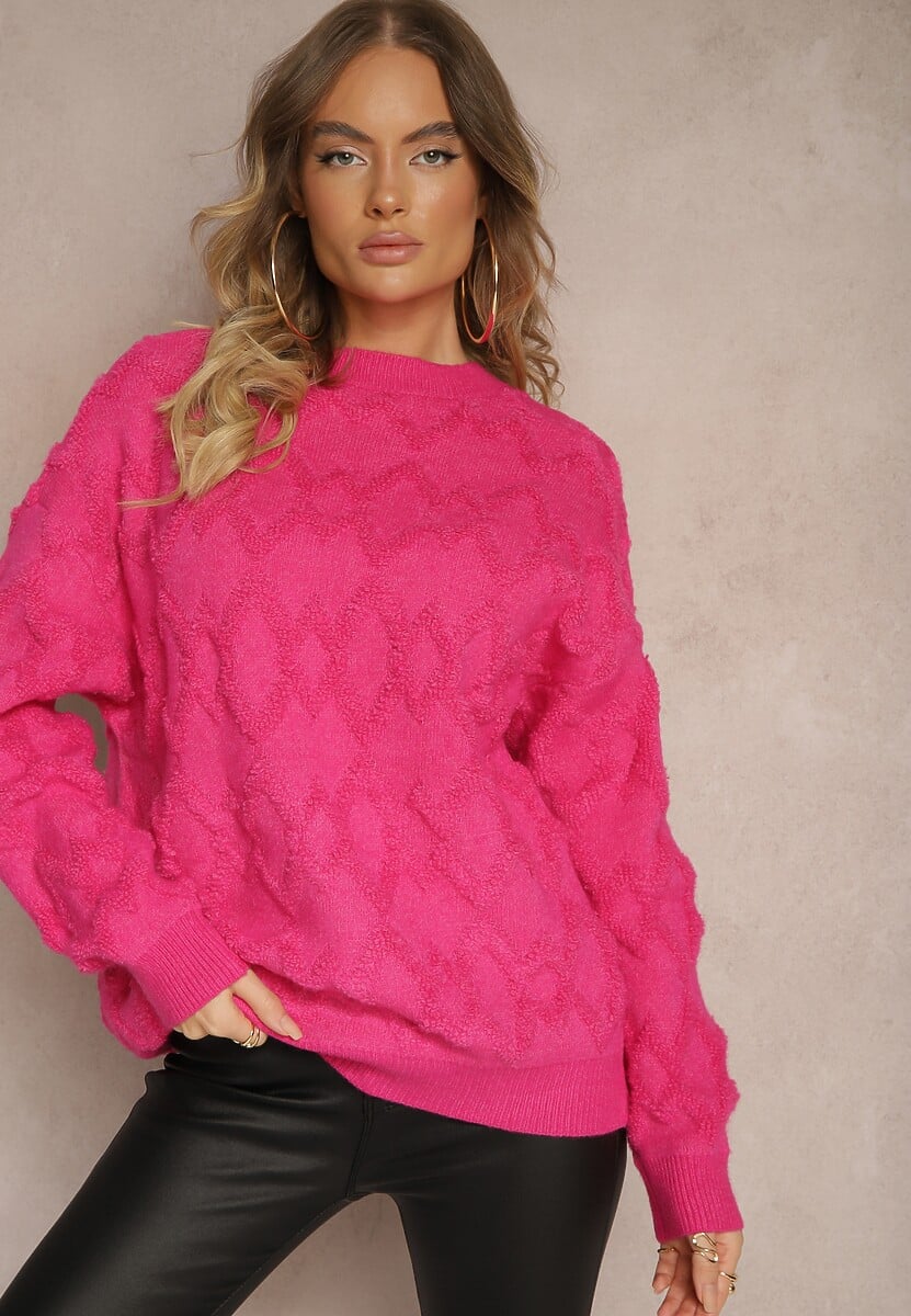 Fuksjowy Luźny Sweter o Pudełkowym Kroju i Tłoczonym Splocie ze Ściągaczami Elomara