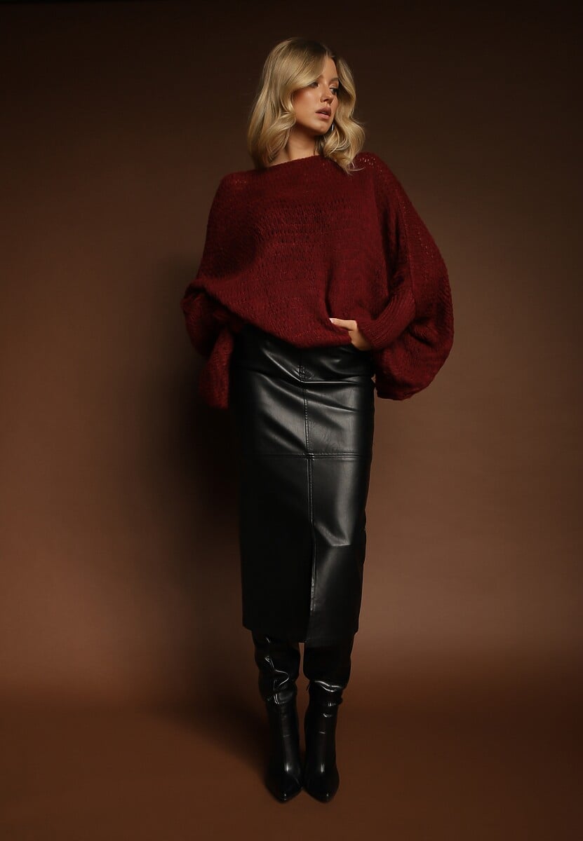 Bordowy Luźny Sweter Dzianinowy w Stylu Ponczo Nattava