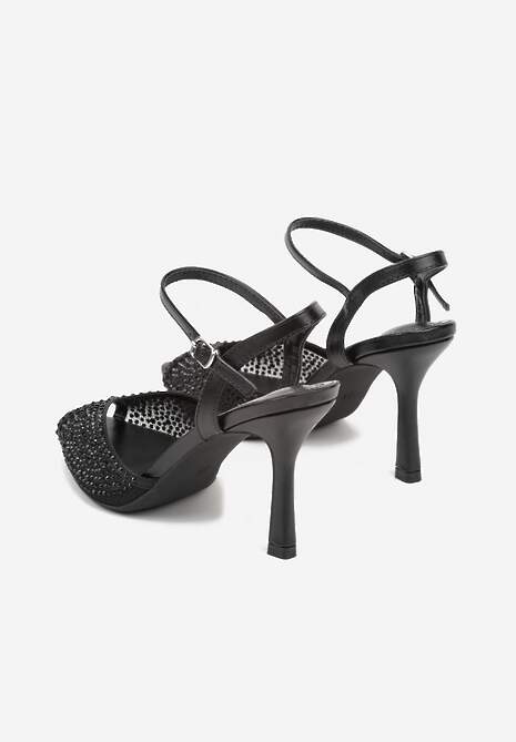 Czarne Eleganckie Sandały na Szpilce Ozdobione Cyrkoniami  Viofera