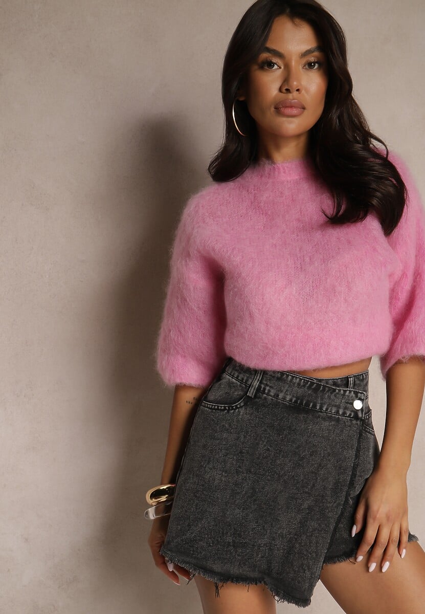 Granatowe Bawełniane Jeansowe Spódnico-Spodenki High Waist o Asymetrycznym Kroju Alwiwi