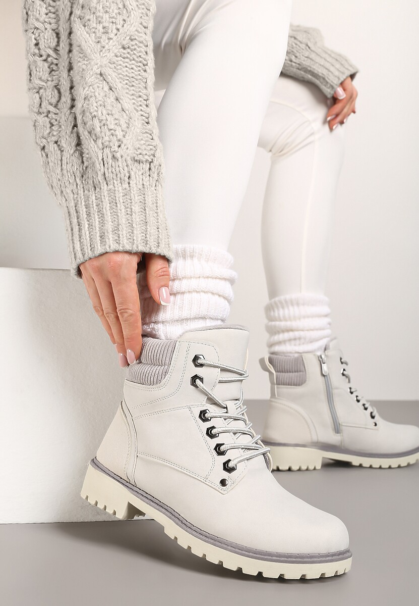 Szare Sznurowane Casualowe Traperki na Płaskiej Podeszwie Relobia