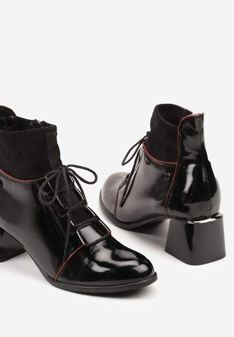 Czarne Botki Lakierowane Vices Typu Trzewiki na Słupku z Ozdobnymi Przeszyciami Nisatte