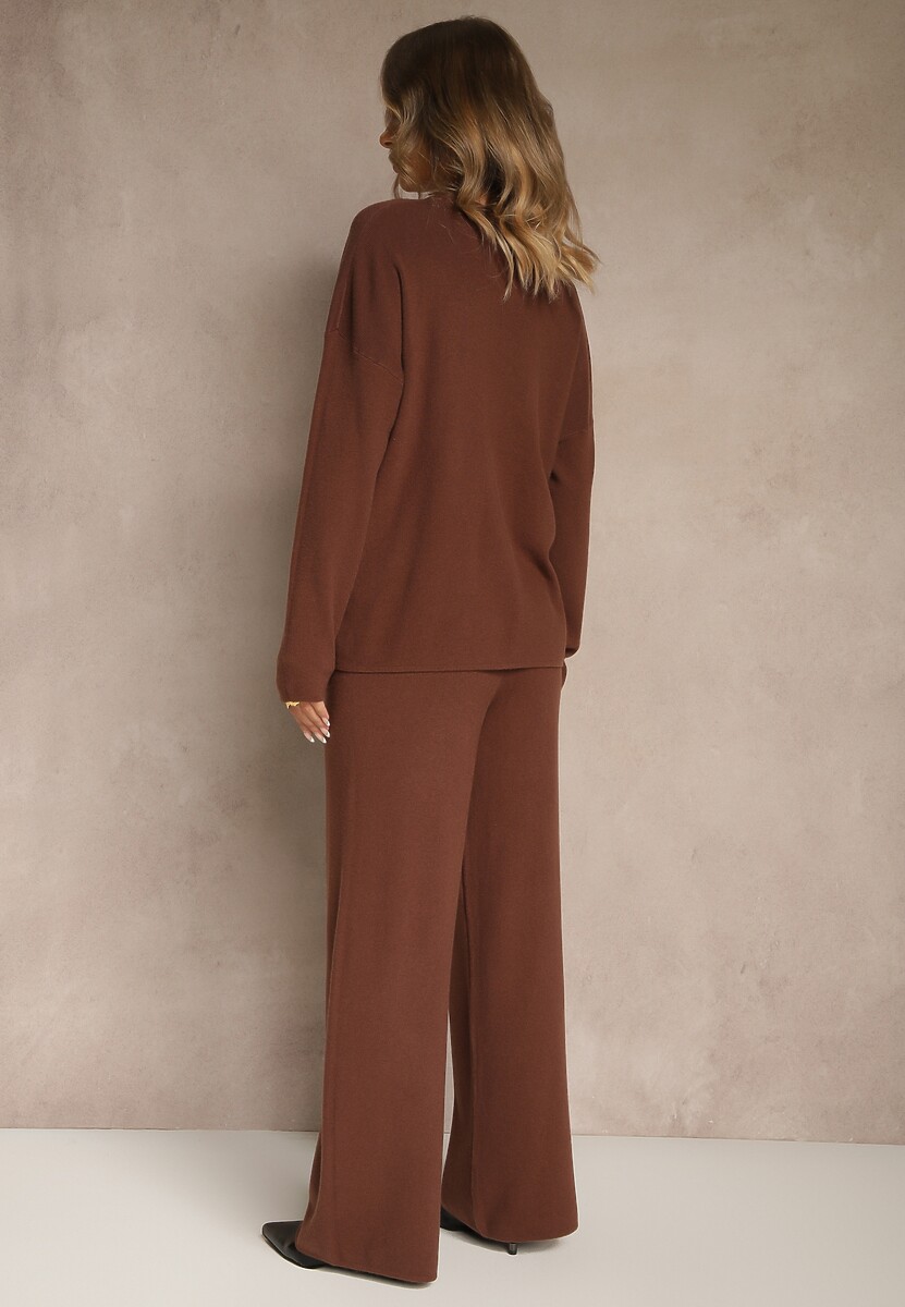 Brązowy Komplet z Dzianiny z Wiskozą Spodnie Wide Leg i Sweter ze Zdobieniami Miomea