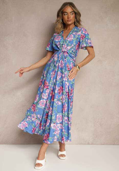 Niebieska Wiskozowa Sukienka w Kwiaty z Rozcięciami i Węzłem Efria