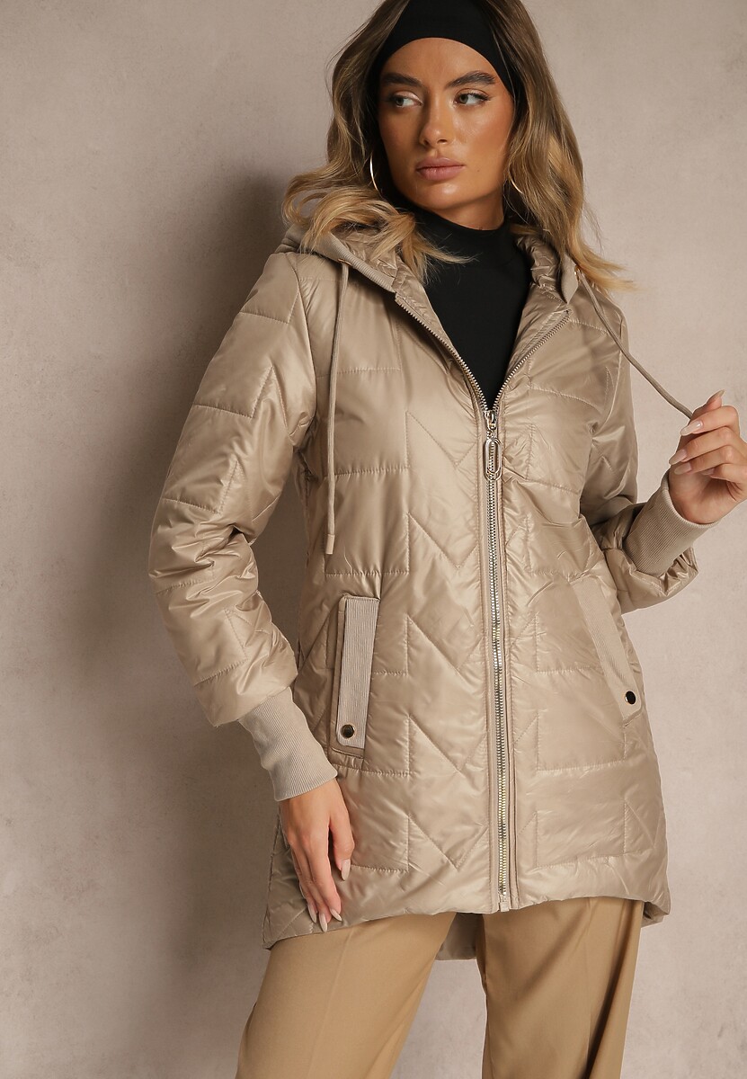 Ciemnobeżowa Kurtka z Pikowanymi Przeszyciami Kapturem i Dłuższym Tyłem Tuleina