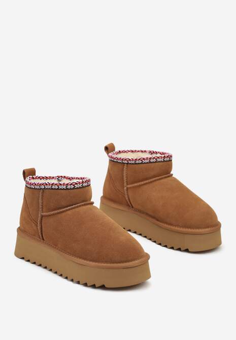 Brązowe Śniegowce na Platformie ze Skóry Naturalnej Ozdobione Haftem Narisha