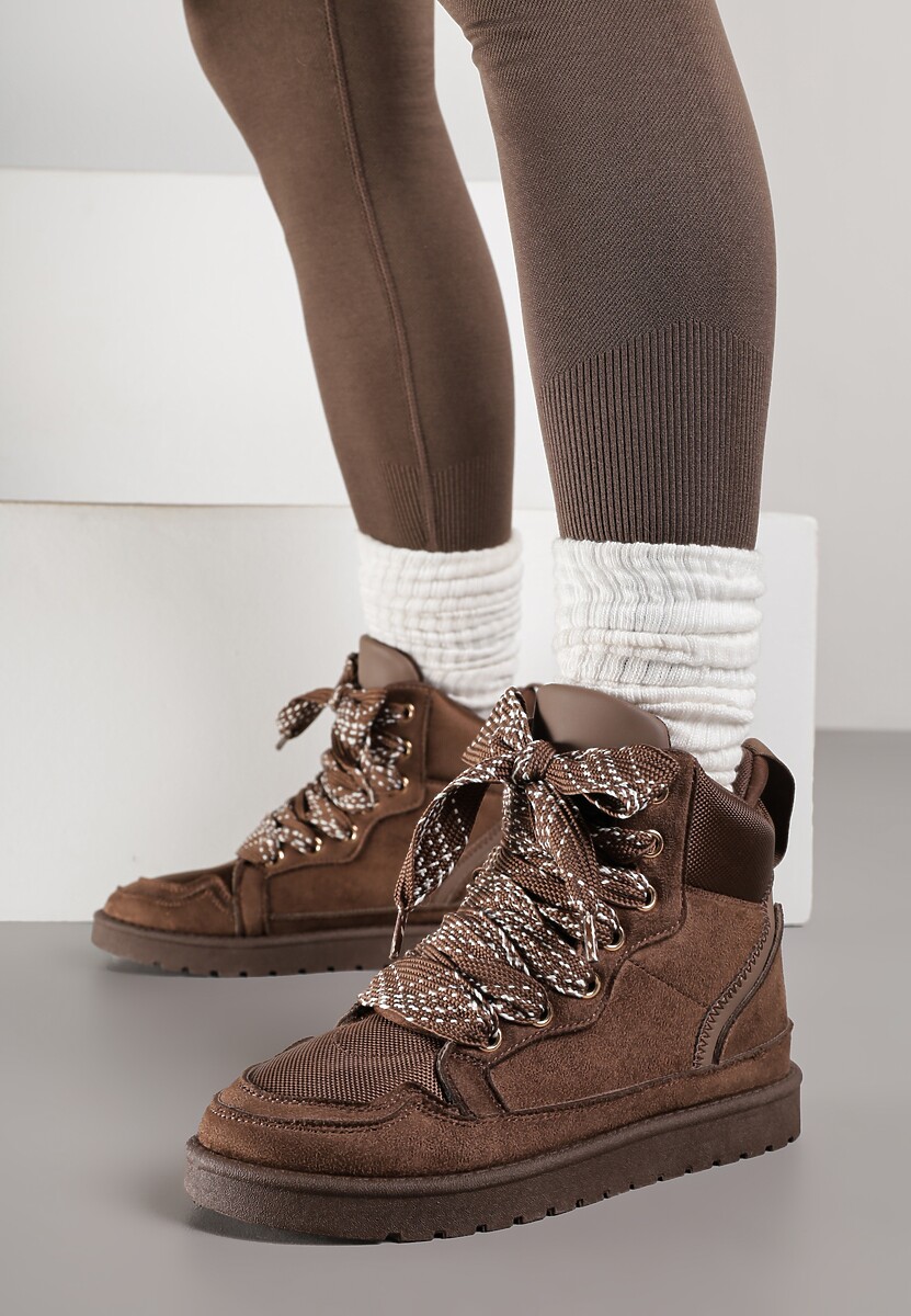 Brązowe Sneakersy Ozdobione Sznurówkami w Geometryczny Wzór Avoslia